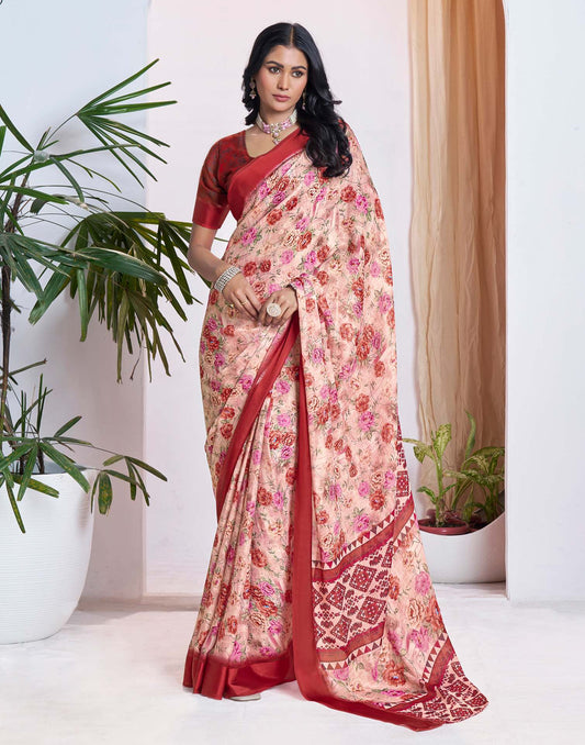 Ready To Wear Light Peach Georgette Floral Printed Saree