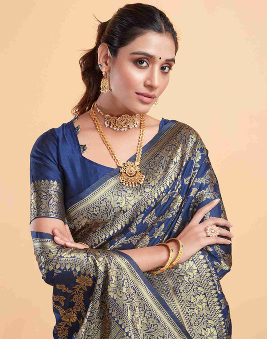 Navy Blue Silk Woven Banarasi Saree