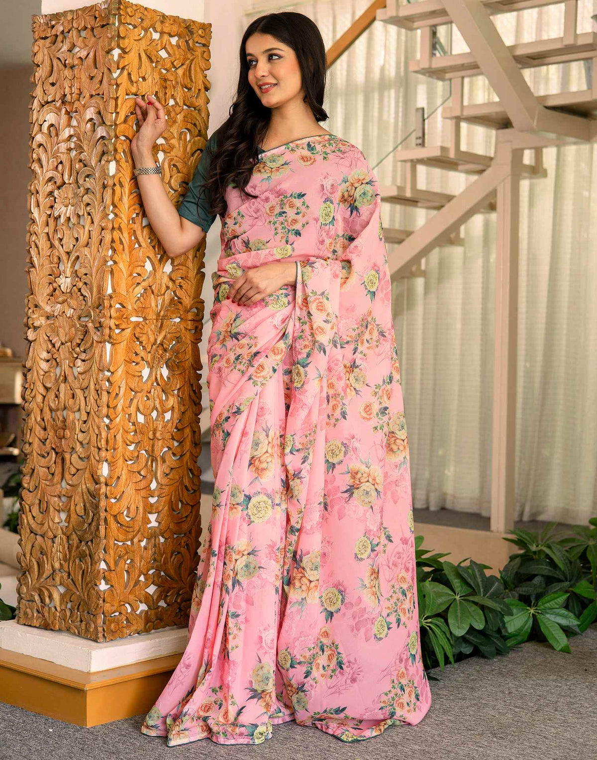 Ready To Wear Multicoloured Georgette Floral Printed Saree