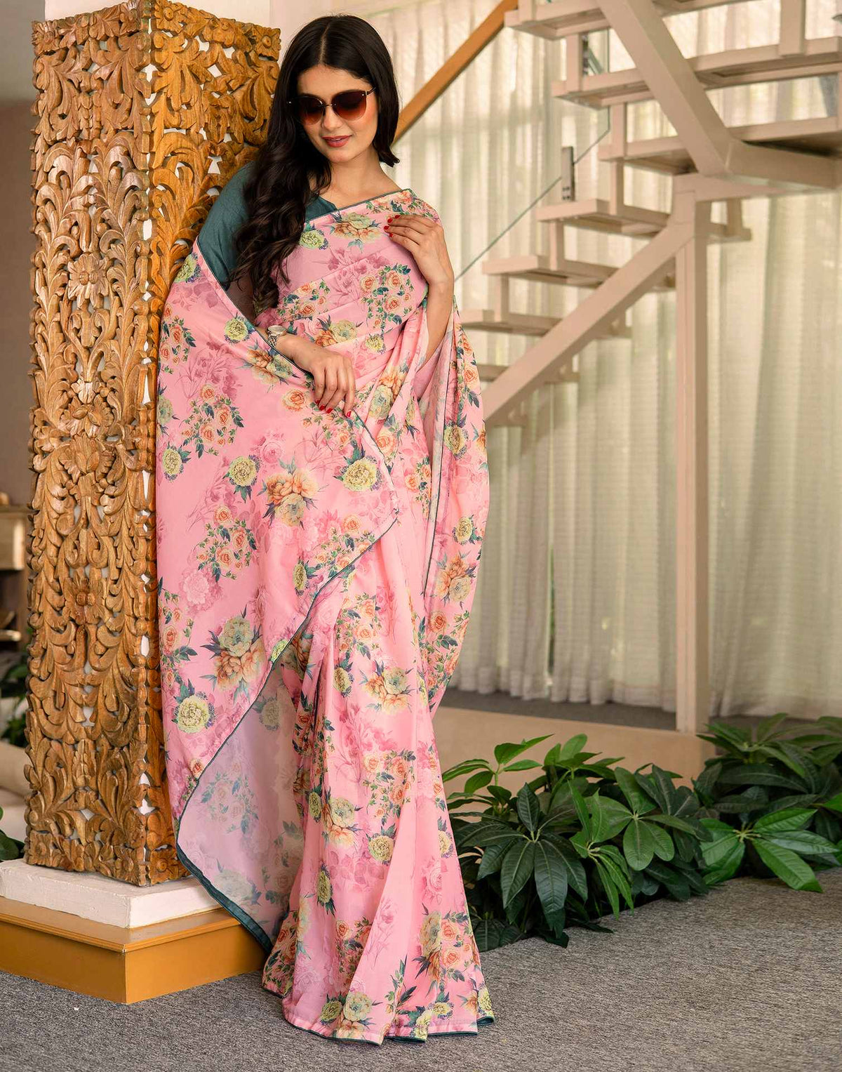 Ready To Wear Multicoloured Georgette Floral Printed Saree