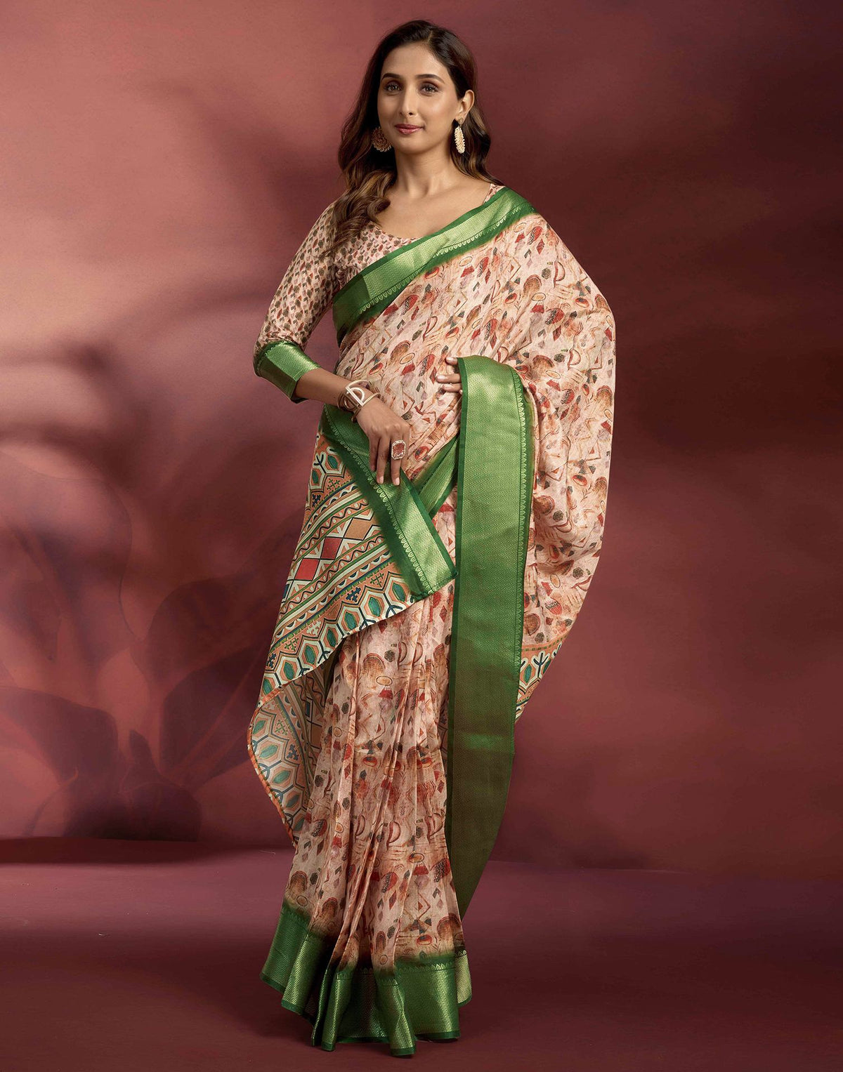 Ready To Wear Rose Pink Dola Silk Printed Saree
