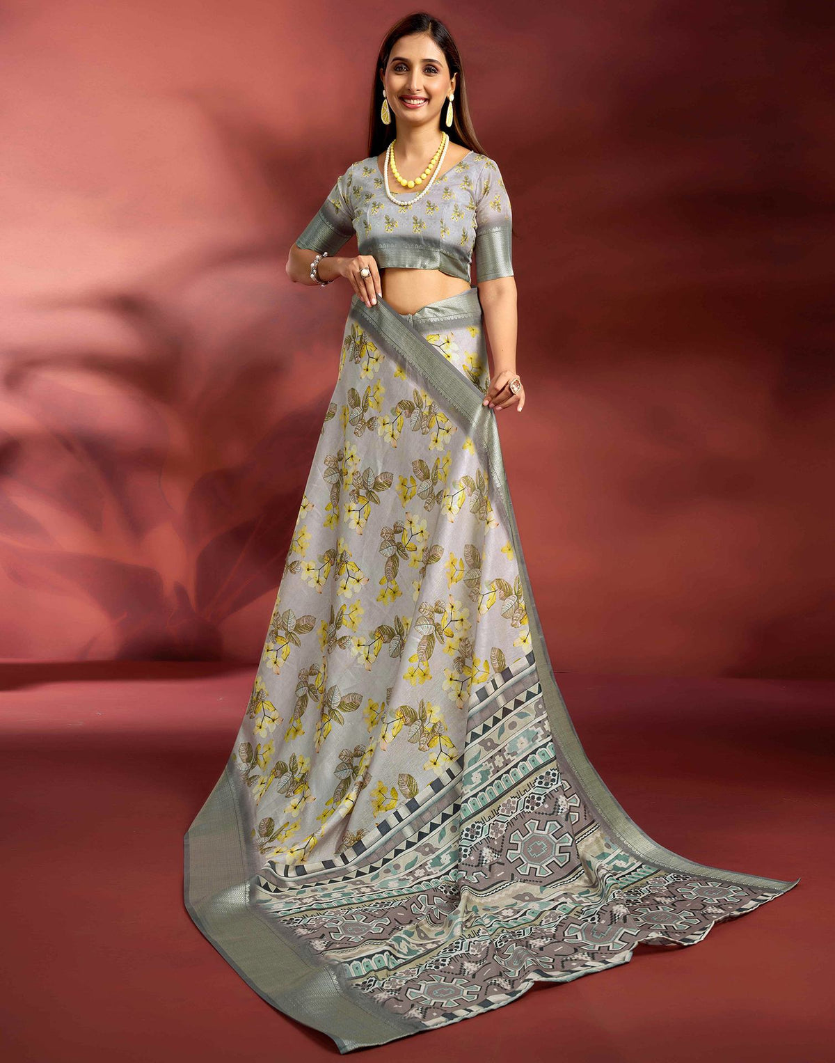 Ready To Wear Light Grey Dola Silk Printed Saree