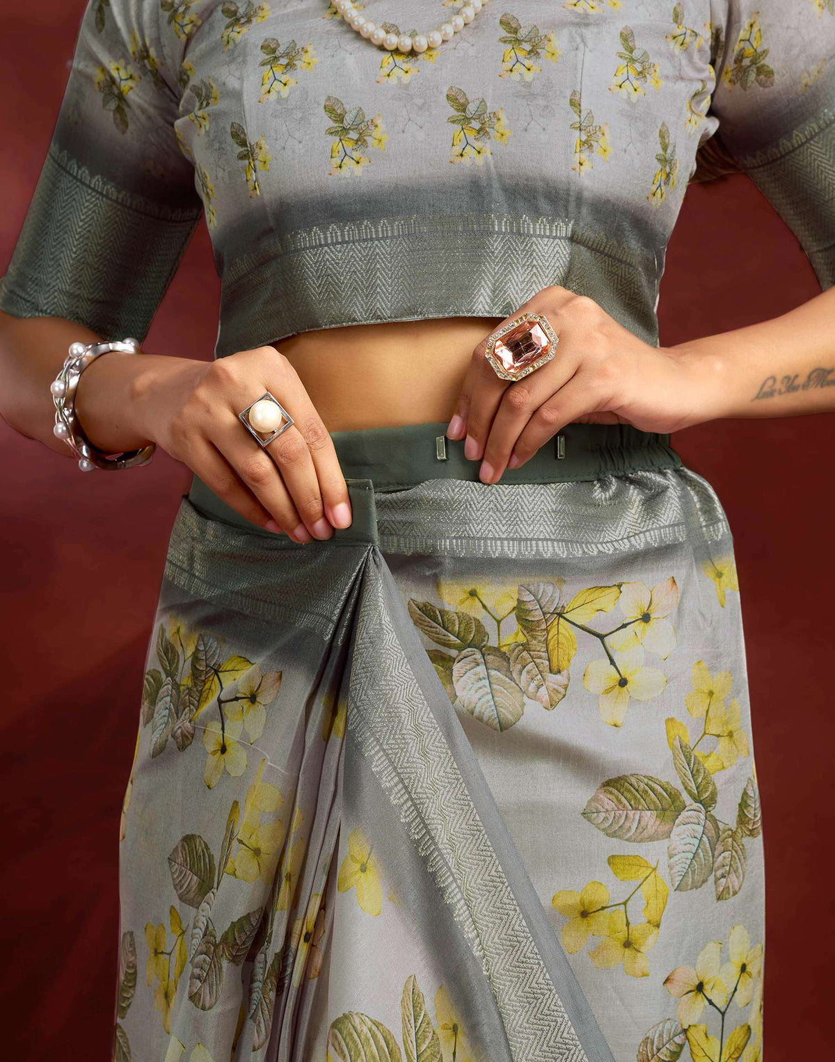 Ready To Wear Light Grey Dola Silk Printed Saree
