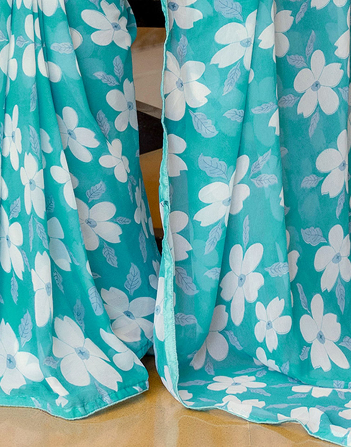 Ready To Wear Turquoise Georgette Floral Printed Saree