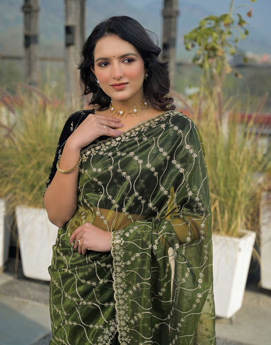 Mehandi Green Net Sequence Embroidery Saree