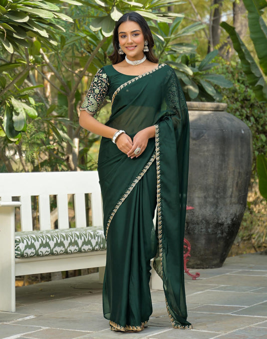 Bottle Green Silk Embroidery Saree