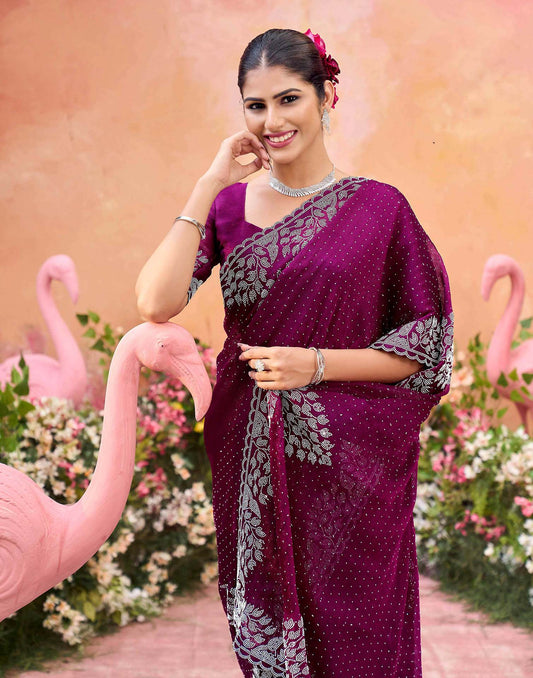 Purple Shimmer Stone Work Swarovski Saree