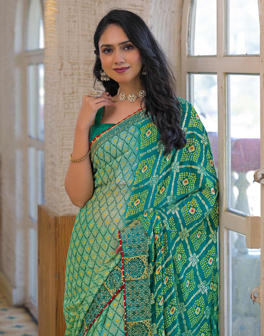 Pista Green Chiffon Foil Printed Bandhani Saree