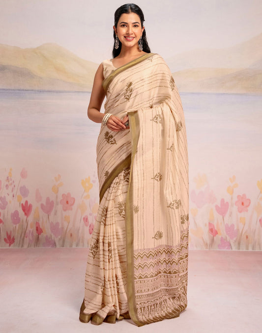 Ready To Wear Peach Silk Printed Saree