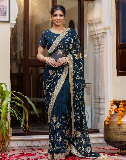 Rama Blue Georgette Embroidery Saree