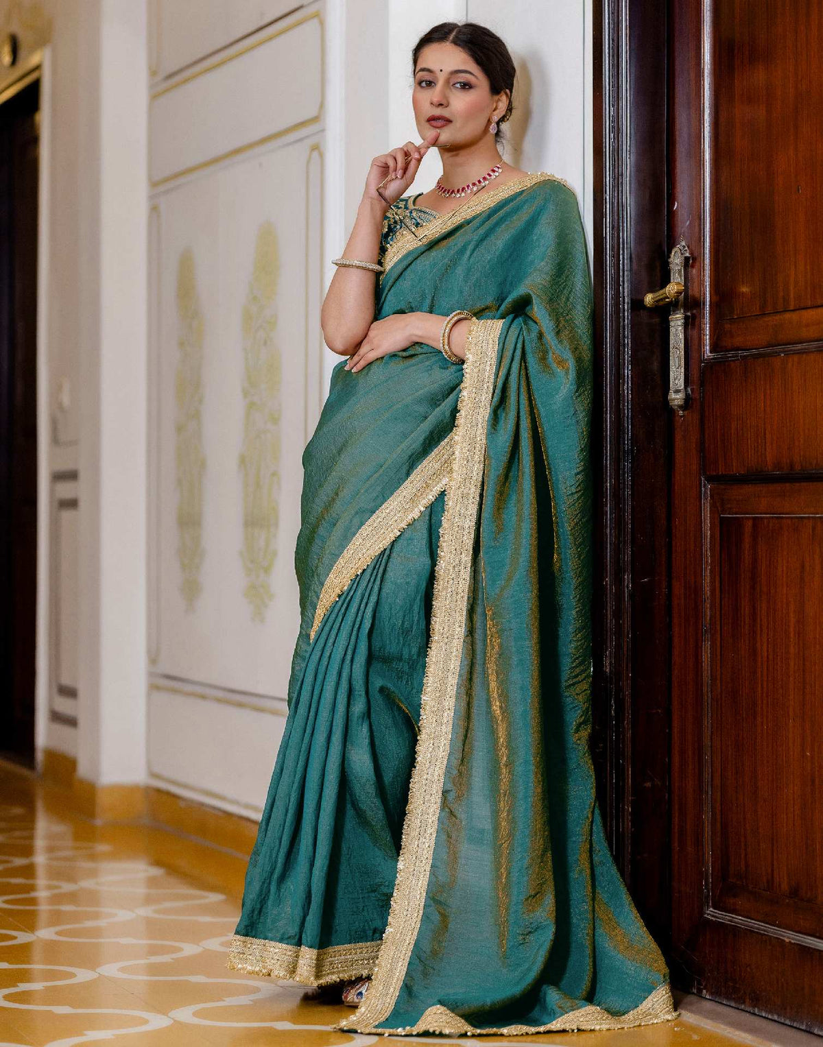 Teal Blue Shimmer Chiffon Lace Saree