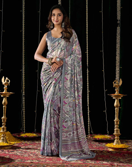 Grey Georgette Printed Saree