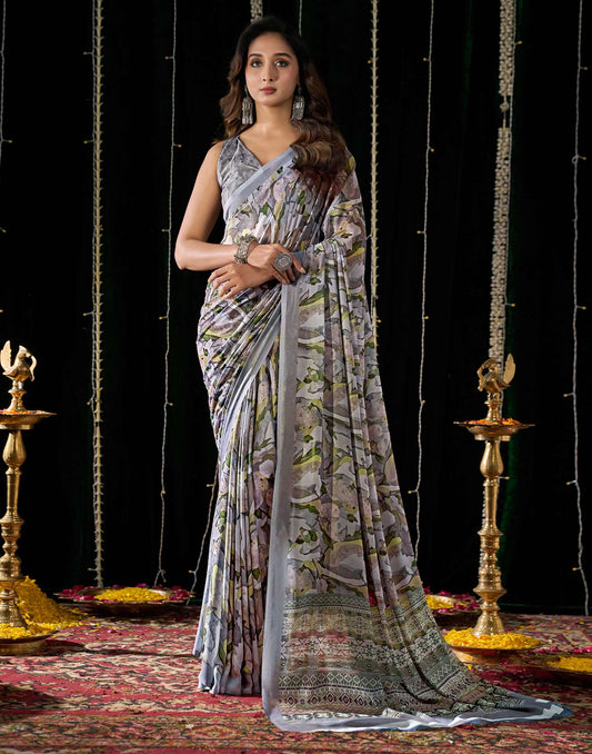 Grey Georgette Printed Saree