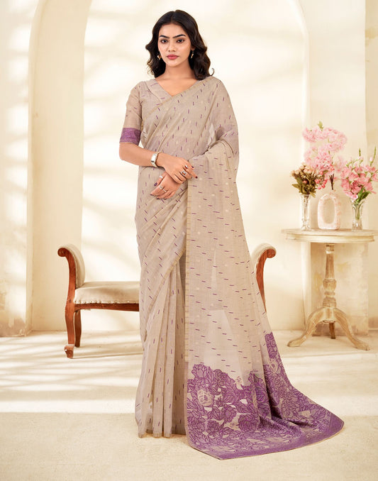 Beige Cotton Woven Printed Saree