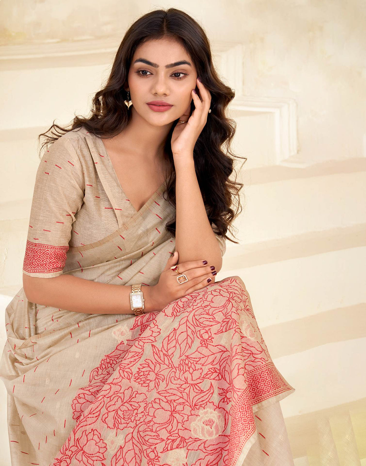 Beige Cotton Woven Printed Saree