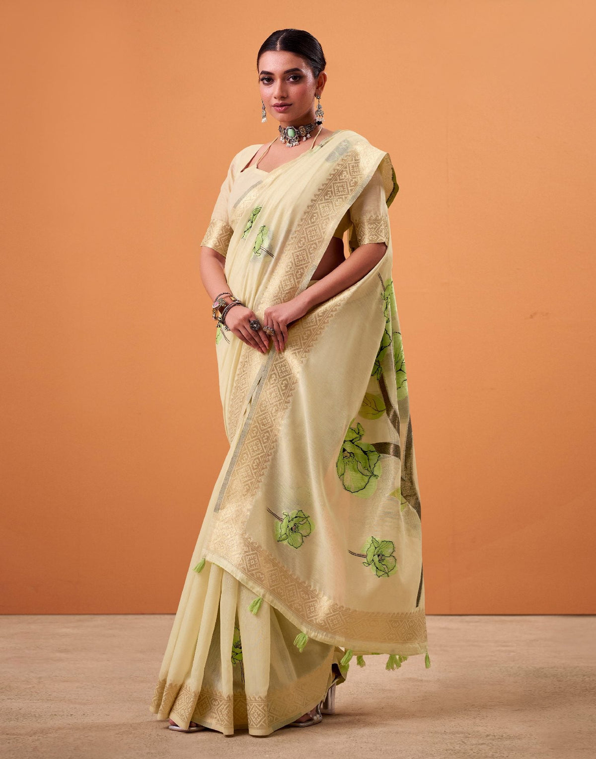 Beige Cotton Floral Printed Saree