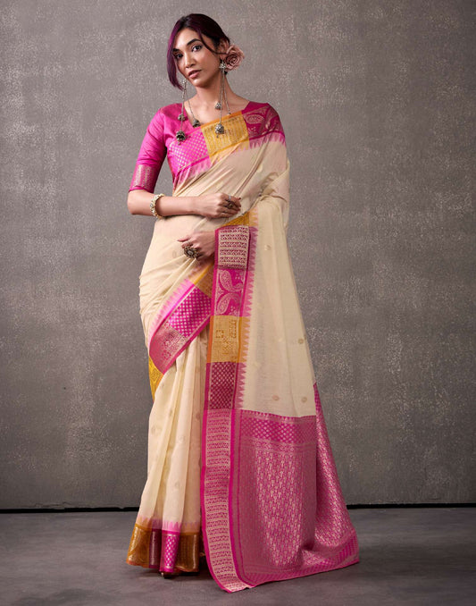 Beige Cotton Woven Banarasi Saree
