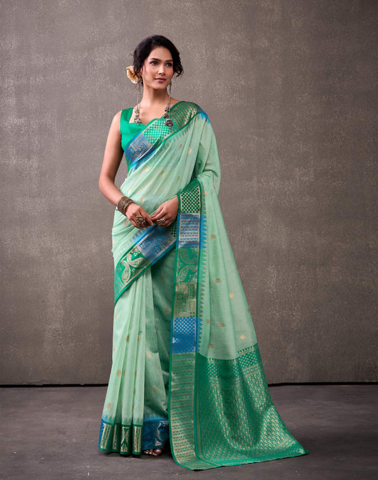 Mint Green Cotton Woven Banarasi Saree