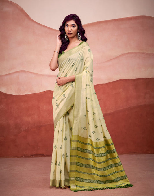 Light Pista Green Cotton Woven Printed Saree