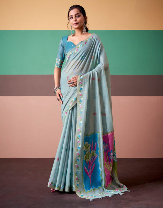 Light Blue Silk Printed Saree