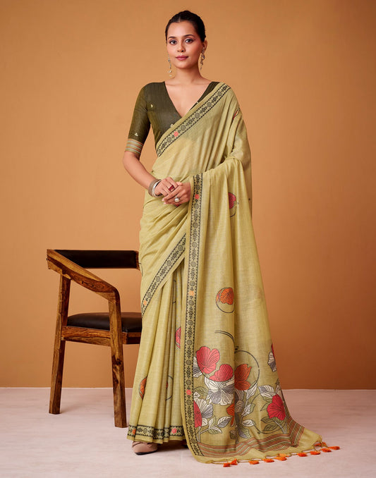 Light Yellow Silk Woven Printed Saree