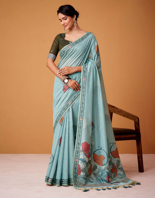 Light Blue Silk Woven Printed Saree