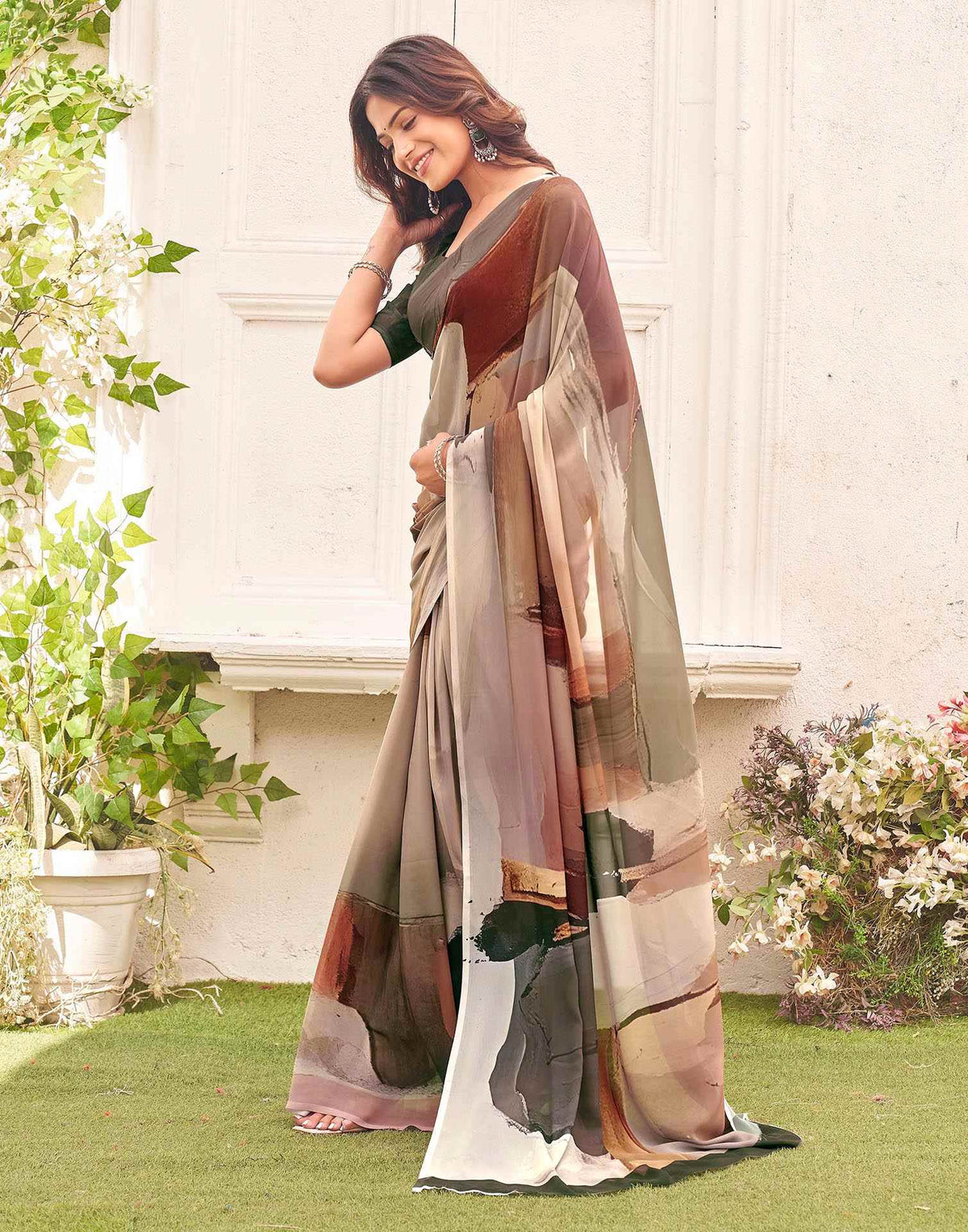 Peach Georgette Printed Saree