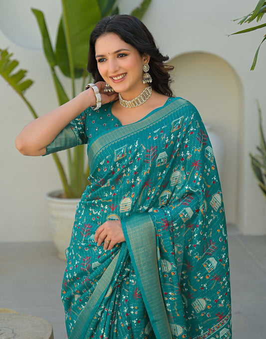 Teal Green Silk Printed Zari Stripe Saree