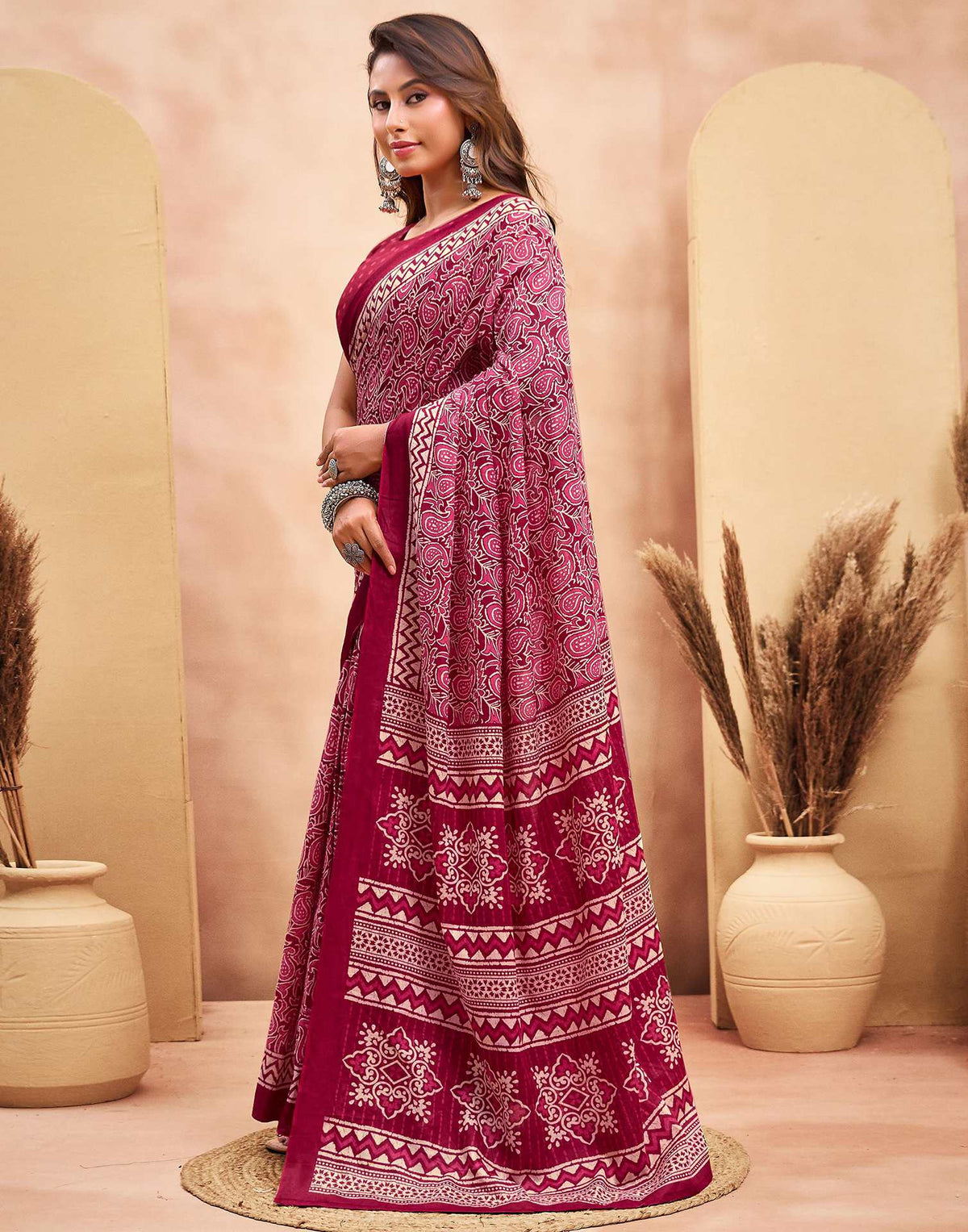 Ready To Wear Maroon Cotton Printed Saree