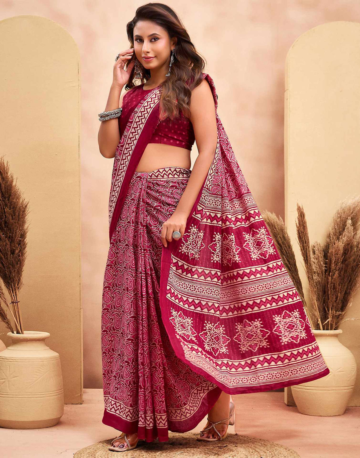 Ready To Wear Maroon Cotton Printed Saree
