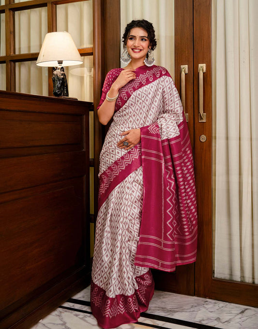 Off White Khadi Ikkat Printed Saree