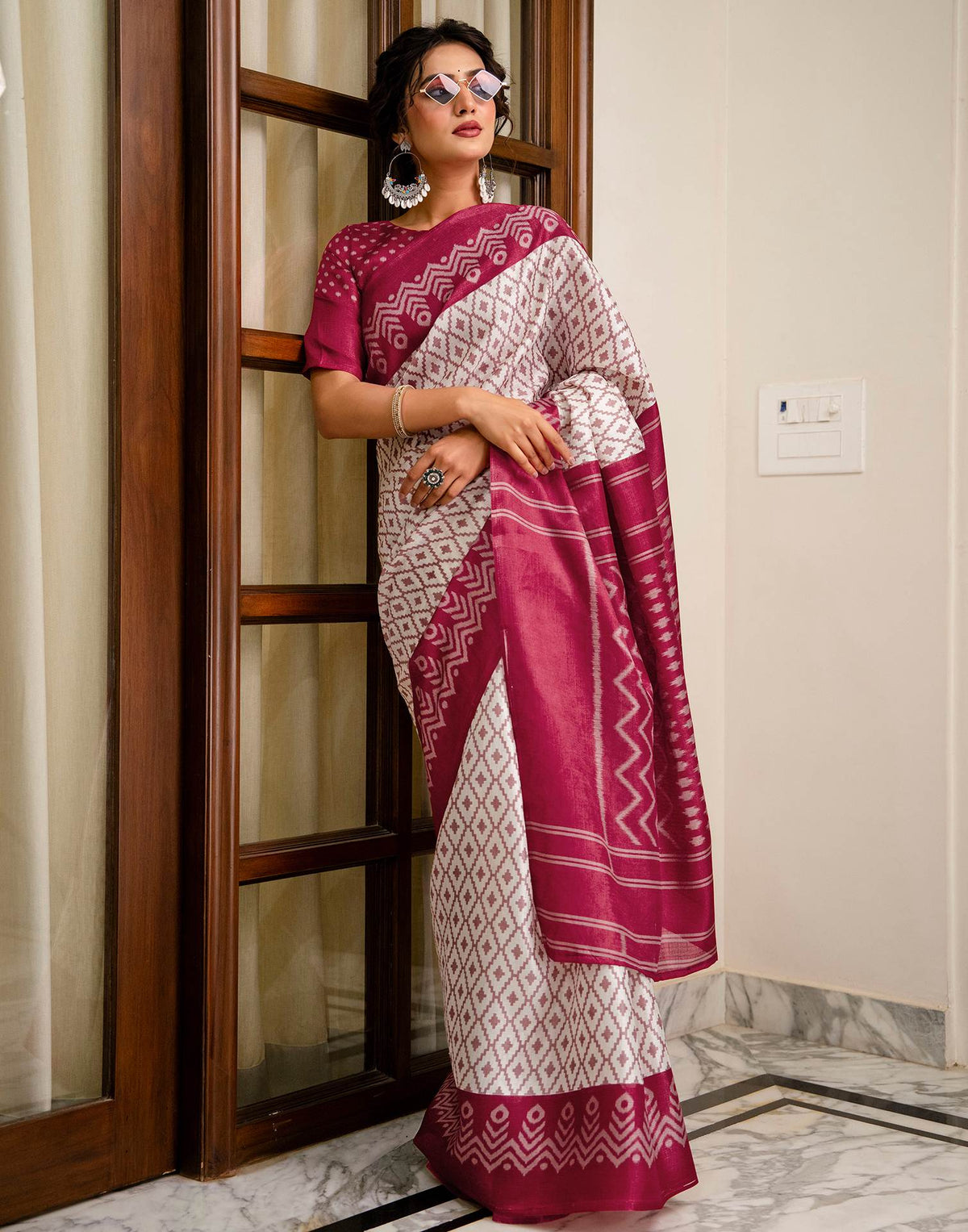 Off White Khadi Ikkat Printed Saree