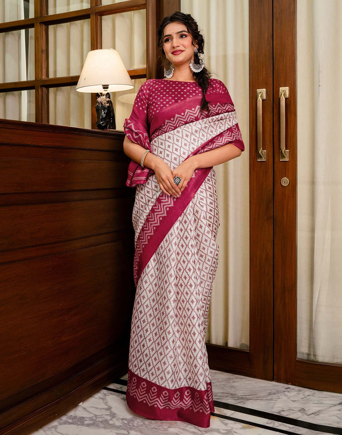 Off White Khadi Ikkat Printed Saree