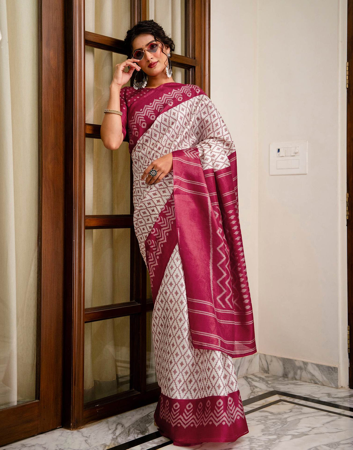 Off White Khadi Ikkat Printed Saree