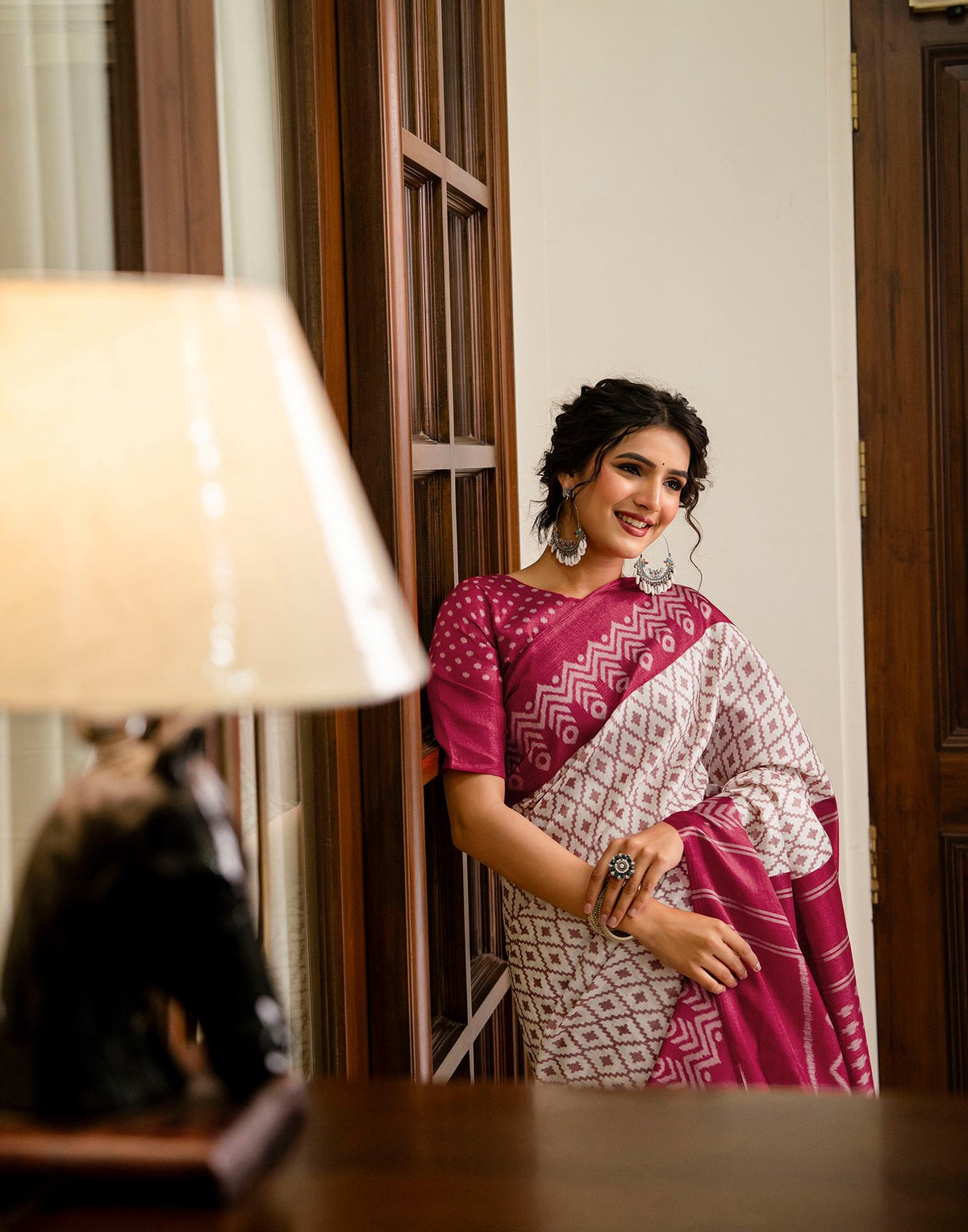 Off White Khadi Ikkat Printed Saree