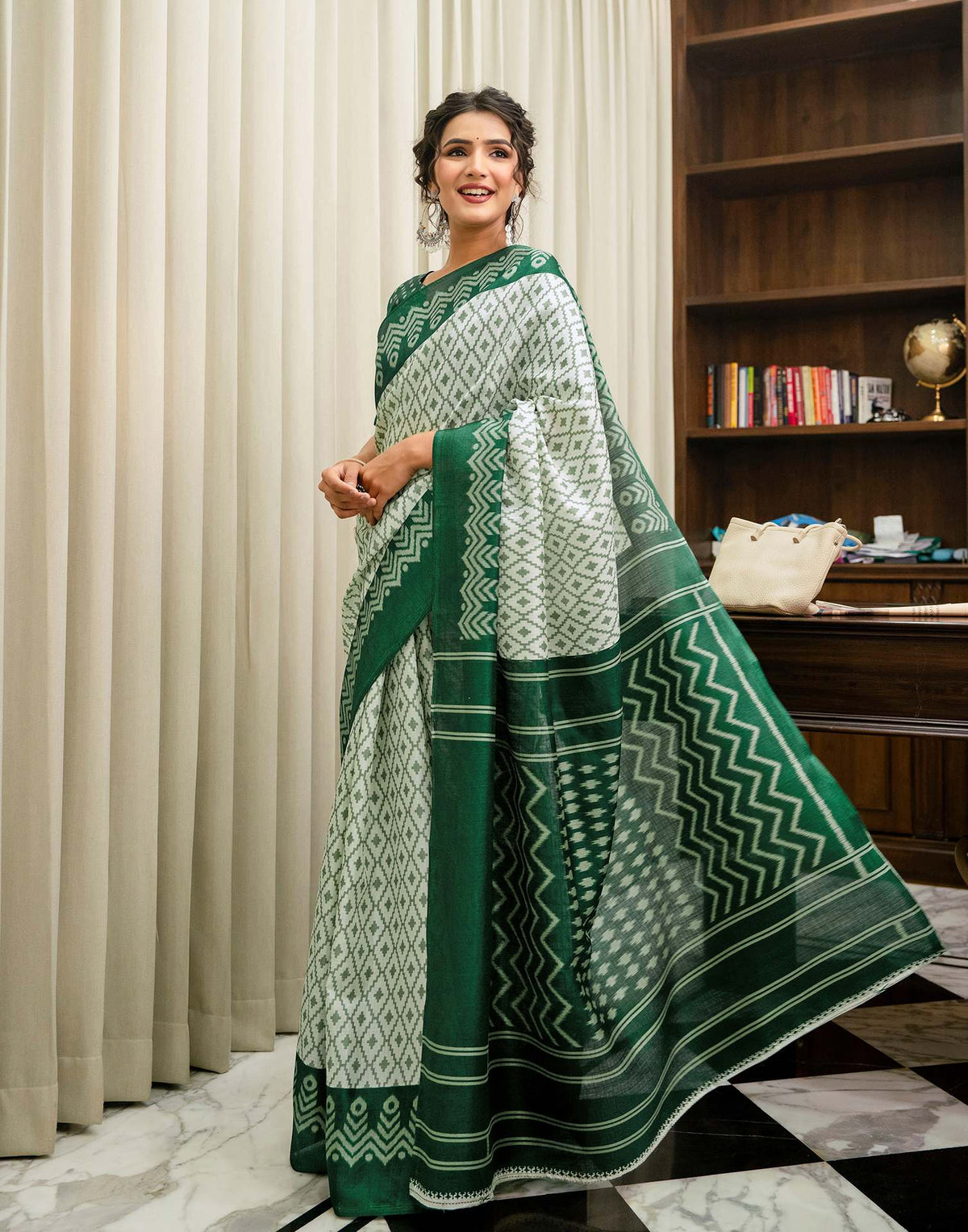 Off White Khadi Ikkat Printed Saree