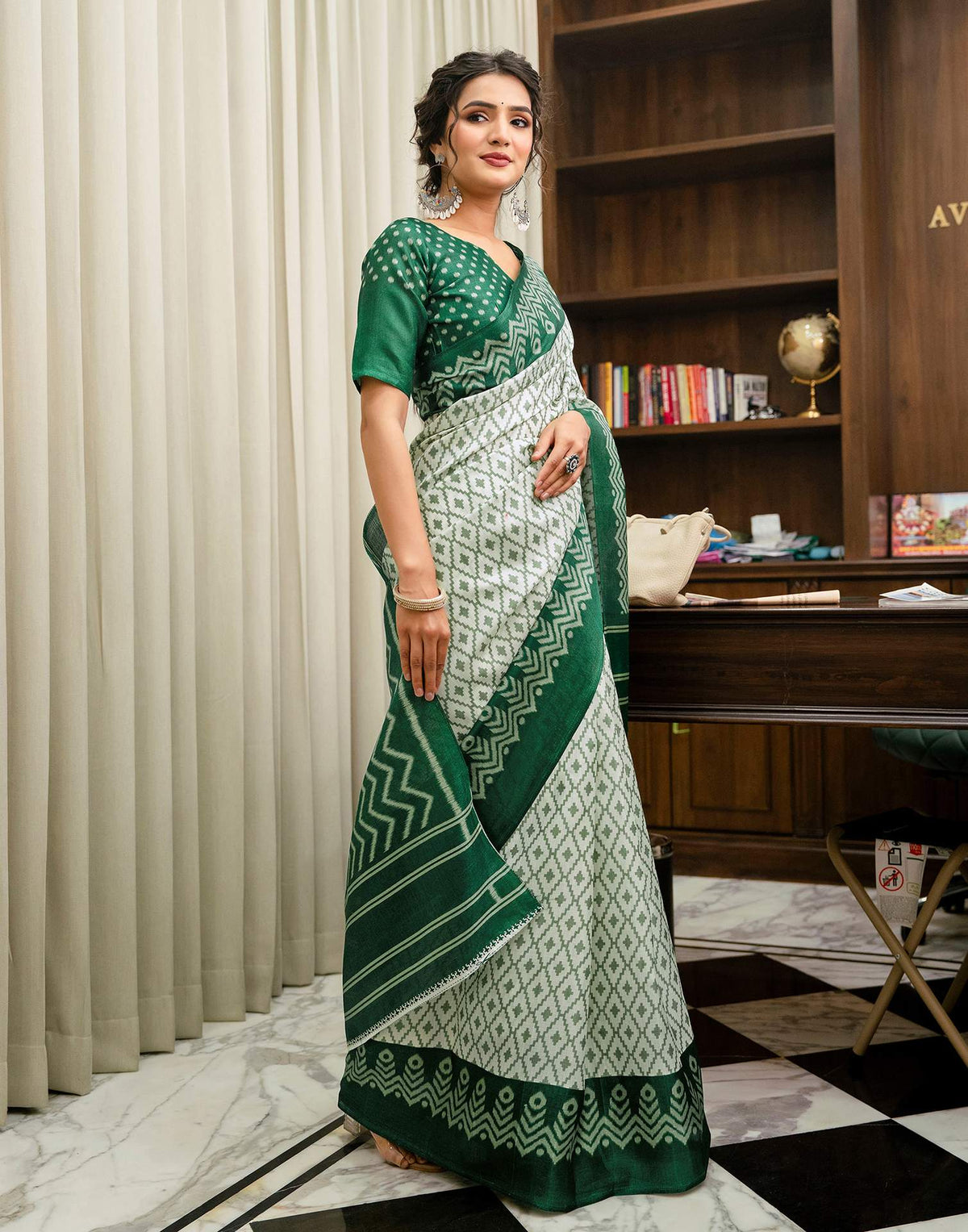Off White Khadi Ikkat Printed Saree