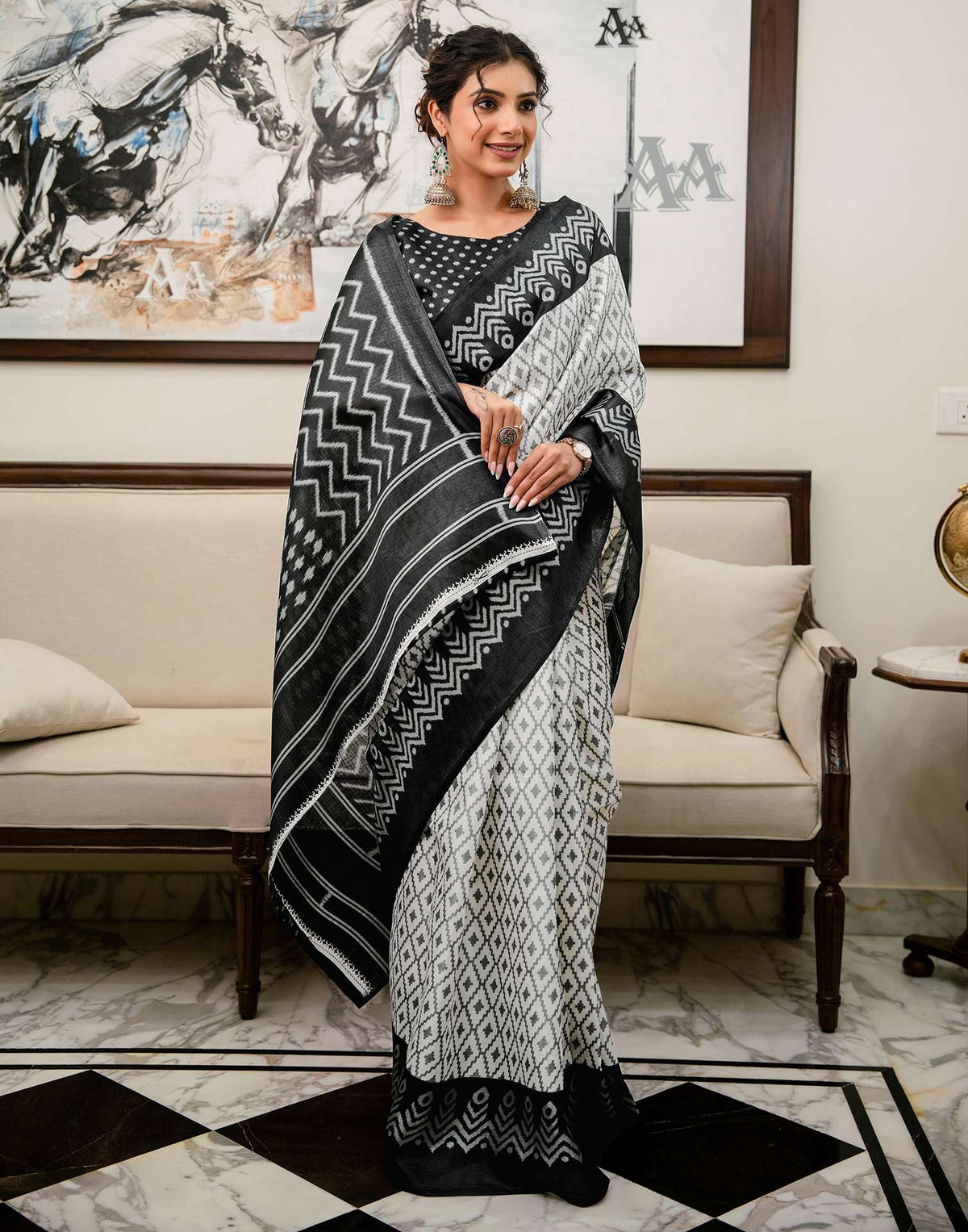 Off White Khadi Ikkat Printed Saree