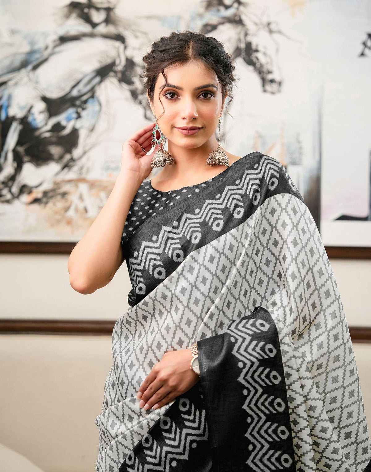 Off White Khadi Ikkat Printed Saree