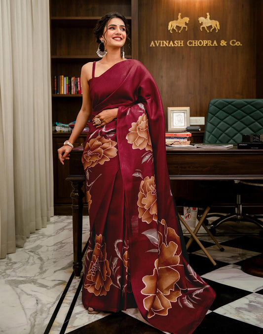 Maroon Khadi Floral Printed Saree