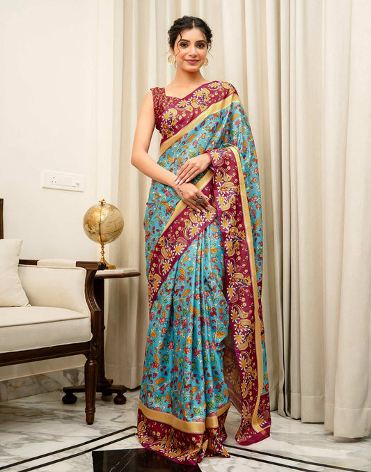 Turquoise Blue Silk Printed Saree