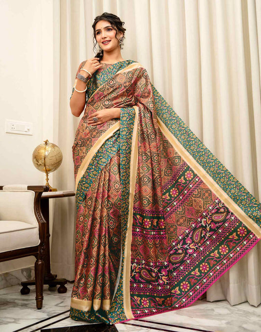 Coral Pink Silk Printed Saree