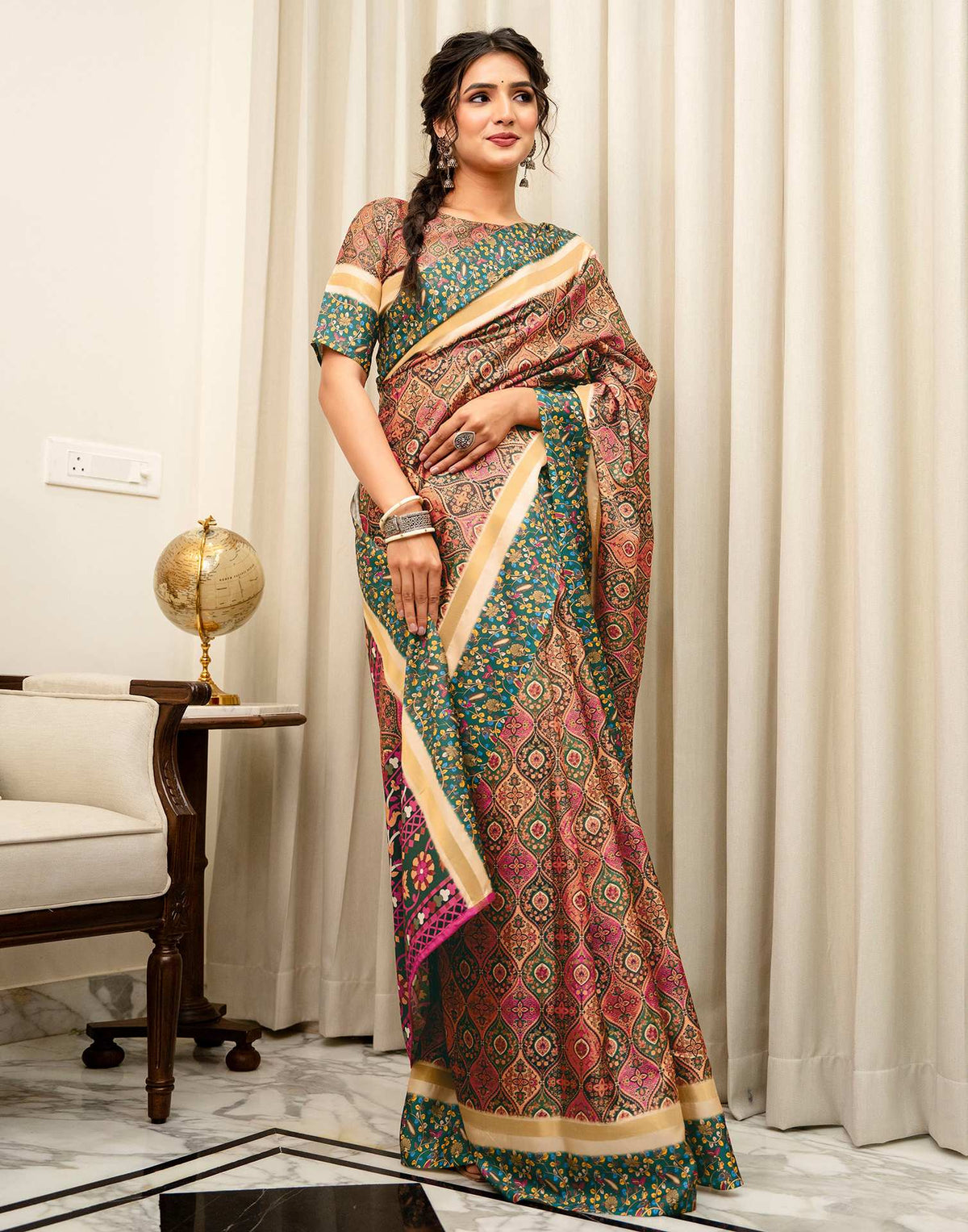 Coral Pink Silk Printed Saree