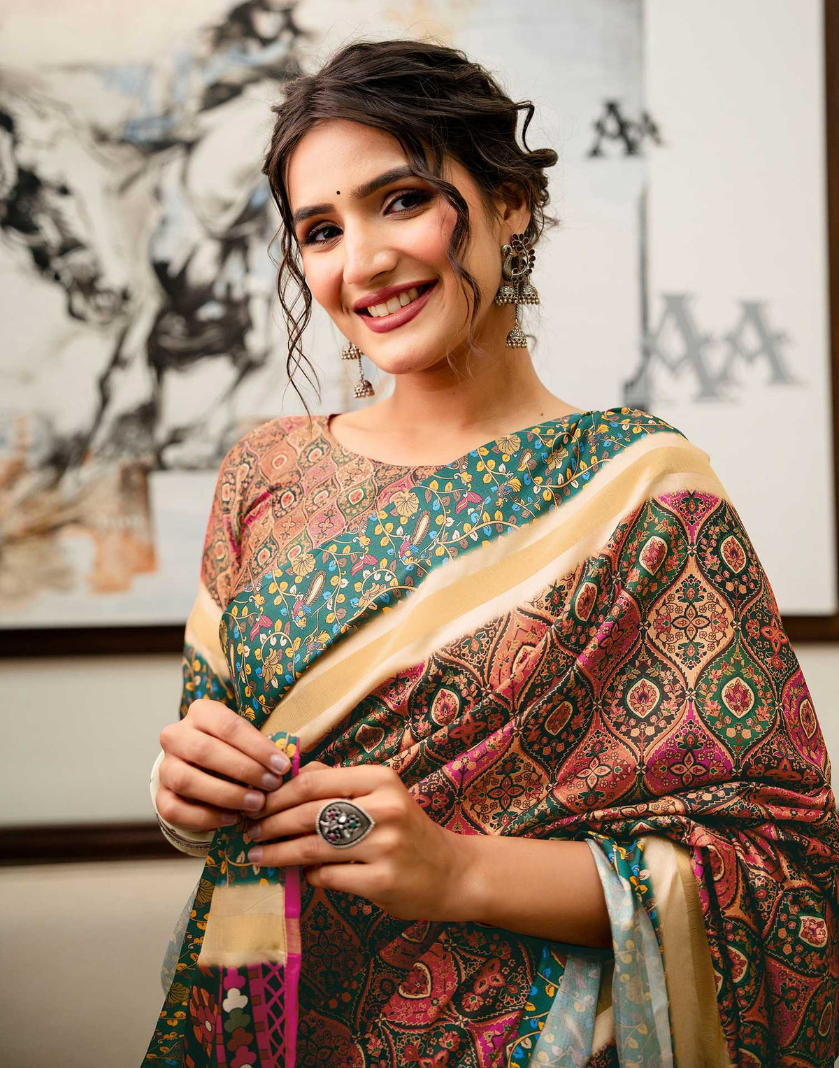 Coral Pink Silk Printed Saree