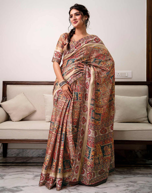 Multicoloured Silk Printed Saree