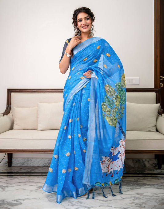 Sky Blue Linen Printed Saree