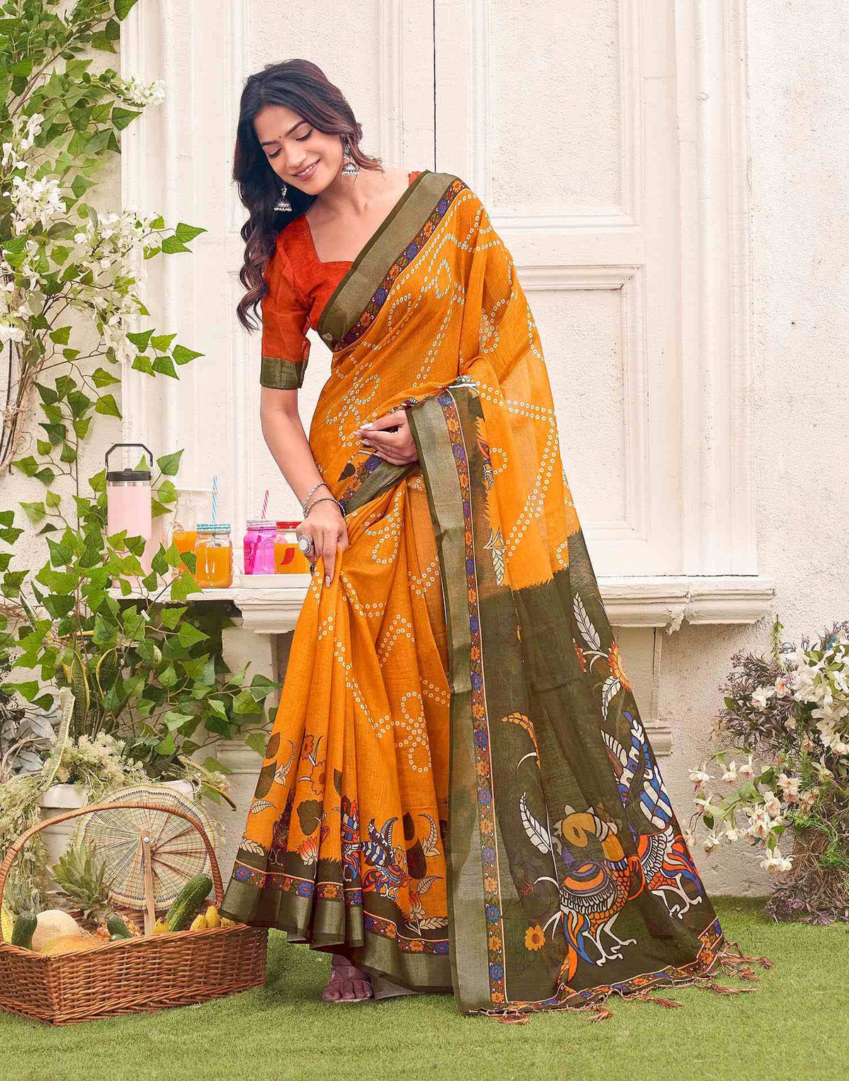 Orange Linen Bandhani Printed Saree