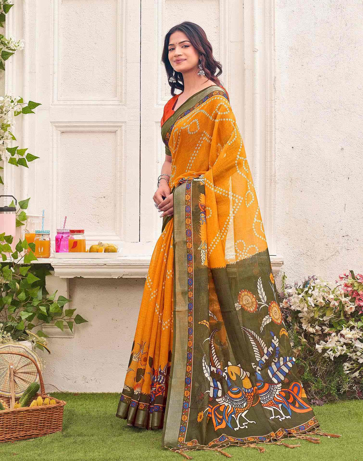 Orange Linen Bandhani Printed Saree