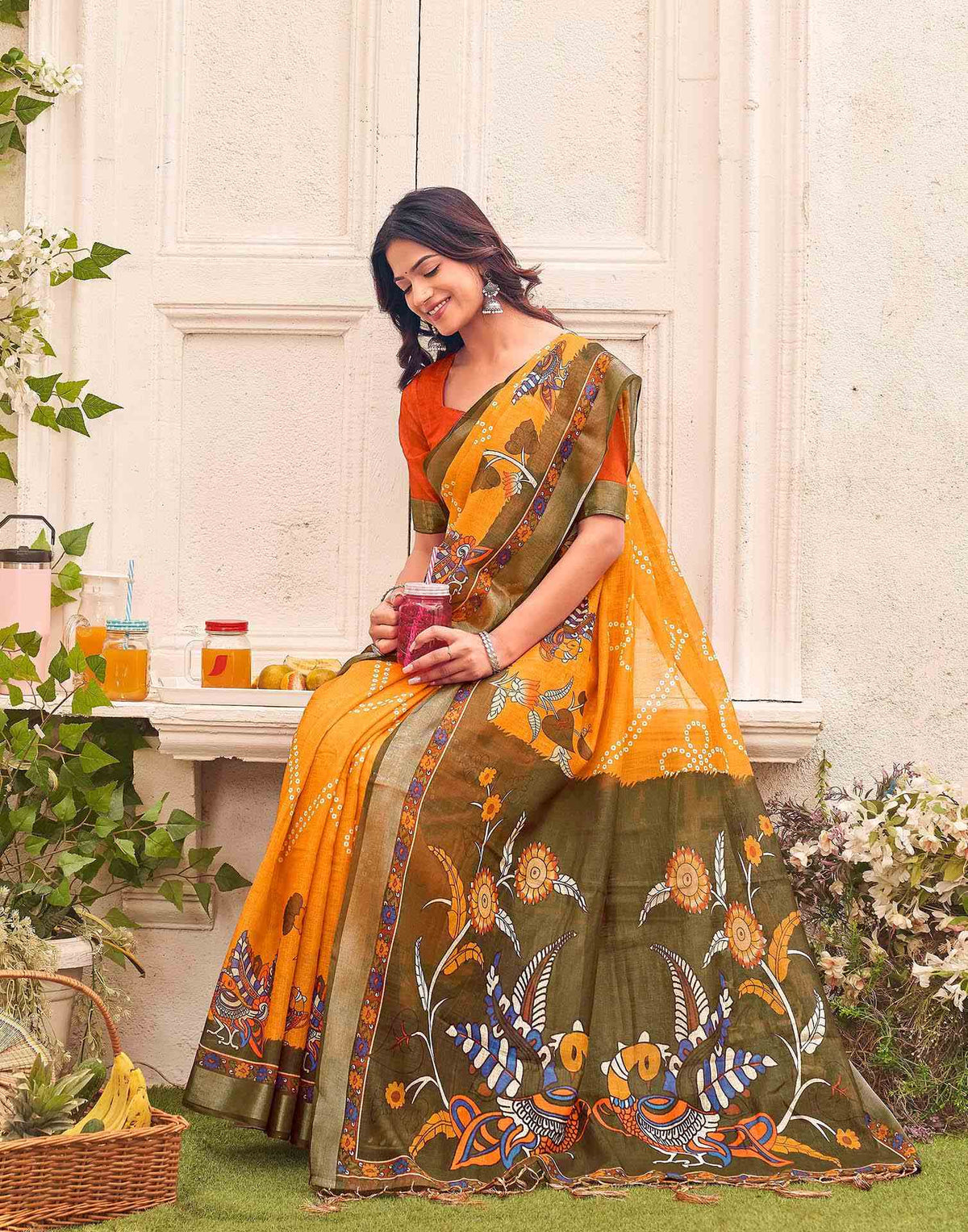 Orange Linen Bandhani Printed Saree