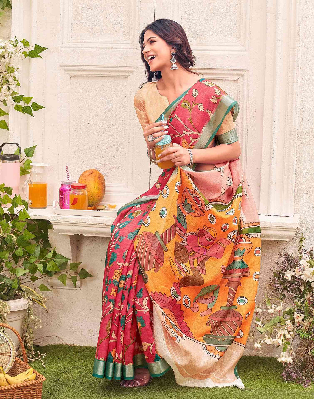 Red Linen Printed Kalamkari Saree